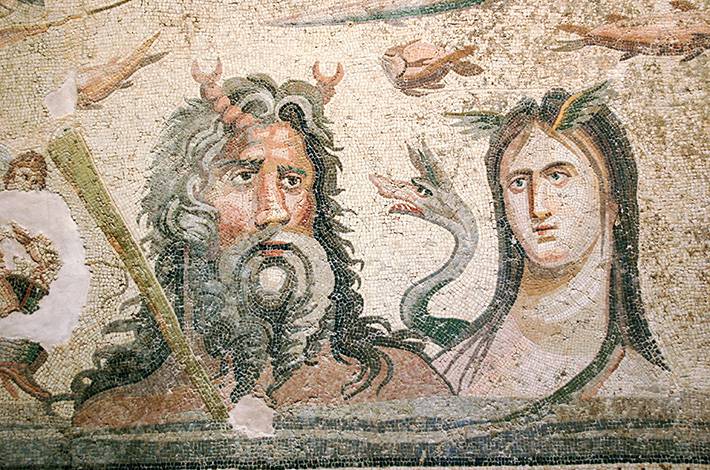 Gaziantep zeugma mozaik zeugma antik kenti havuzlu koridoru taban mozaiği üstü çıplak nehir tanrısı ve karısı
