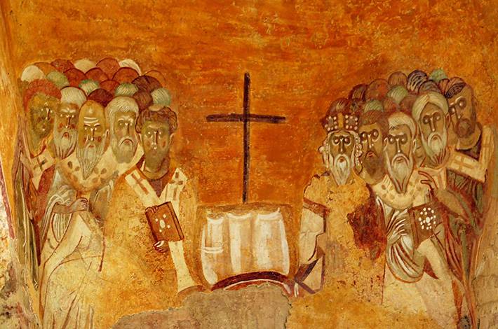 Antalya Aziz Saint Nikolaos Anıt Müzesi Noel Baba Kilise İç Narteks Konsil Sahnesi Dini Toplantı Hristiyanlık İsa Haç