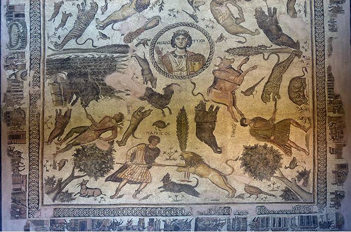 Hatay Arkeoloji Müzesi hayvan avı sahnesi orta merkez antik kadın portresi aslan avı ağaç leopar mozaik