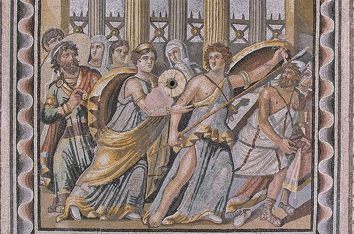 Gaziantep zeugma mozaik müzesi akhileus mozaiği Poseidon yıllasının taban kısmında taban mozaiği kompozisyonda odysseus Skyros