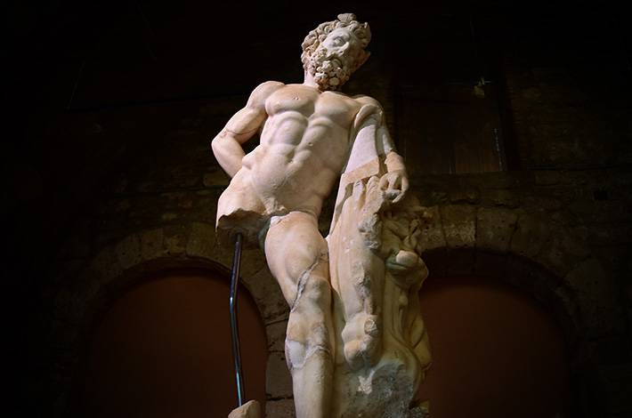Antalya Side Museum  Ancient City   interior    shooting  Hellenistic Period  sculpture bust   Herak's wrath Heracles Hercules demigod Zeus 